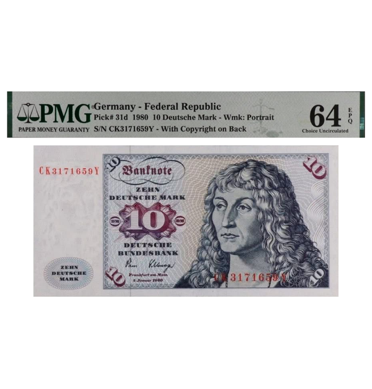 Alemania 10 Deutsche Mark Pick #31d 1980 - Certificado PMG 64 EPQ