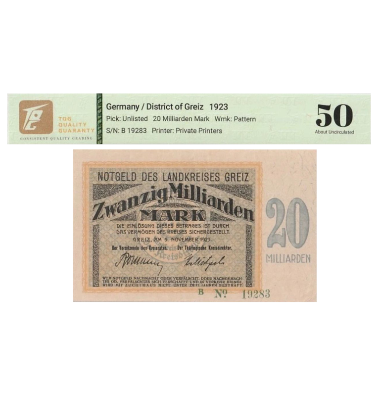 Alemania 20 Milliarden Mark Pick #Unlisted 1923 - Certificado TQG 50
