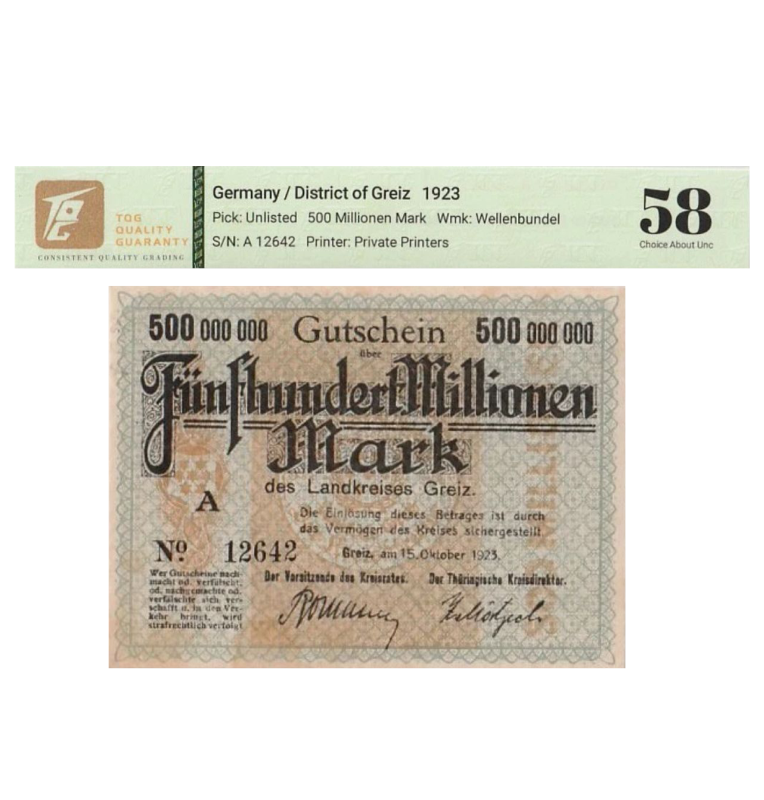 Alemania 500 Millionen Mark Pick #1896f.1.3 1923 - Certificado TQG 58