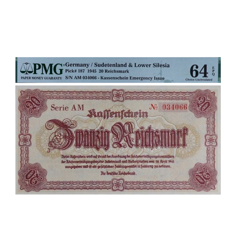 Alemania 20 Reichsmark Alemania Lower Silesia 1945 - Certificado PMG 64 EPQ