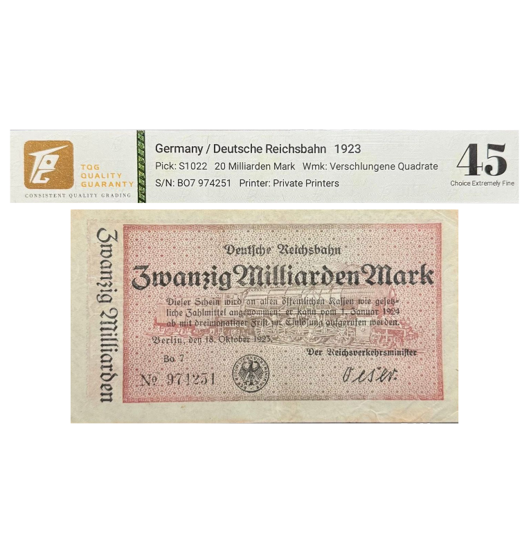 Alemania 20 Milliarden Mark Pick #S1022 1923 - Certificado TQG 45