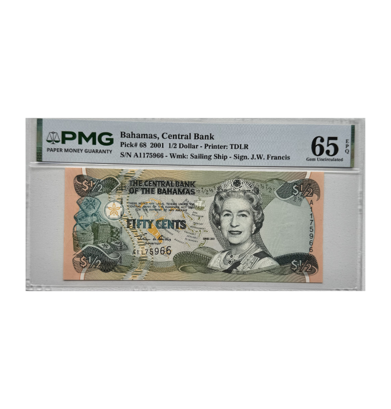 Bahamas 1/2 centavos, Reina Isabel, 2001 Certificado PMG 65
