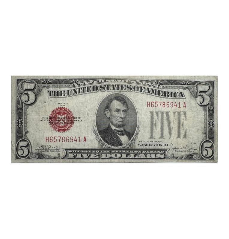 Estados Unidos, 5 Dólares, 1928, Sello Rojo
