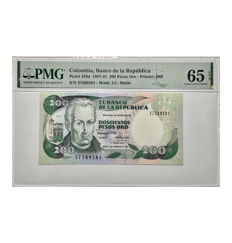 Colombia, 200 Peso oro, 1989 - Certificado PMG 65- EPQ