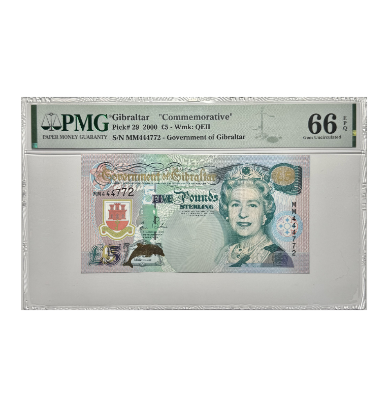 Gibraltar, 5 Pound, 2000 - Reina Isabel, Certificado PMG 66 EPQ