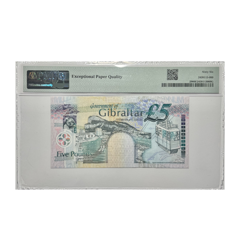 Gibraltar, 5 Pound, 2000 - Reina Isabel, Certificado PMG 66 EPQ