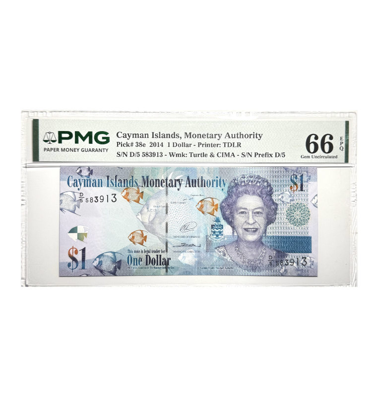 Islas Caimán, 1 Dólar, 2014, Reina Isabel -Certificado PMG 66 EPQ-