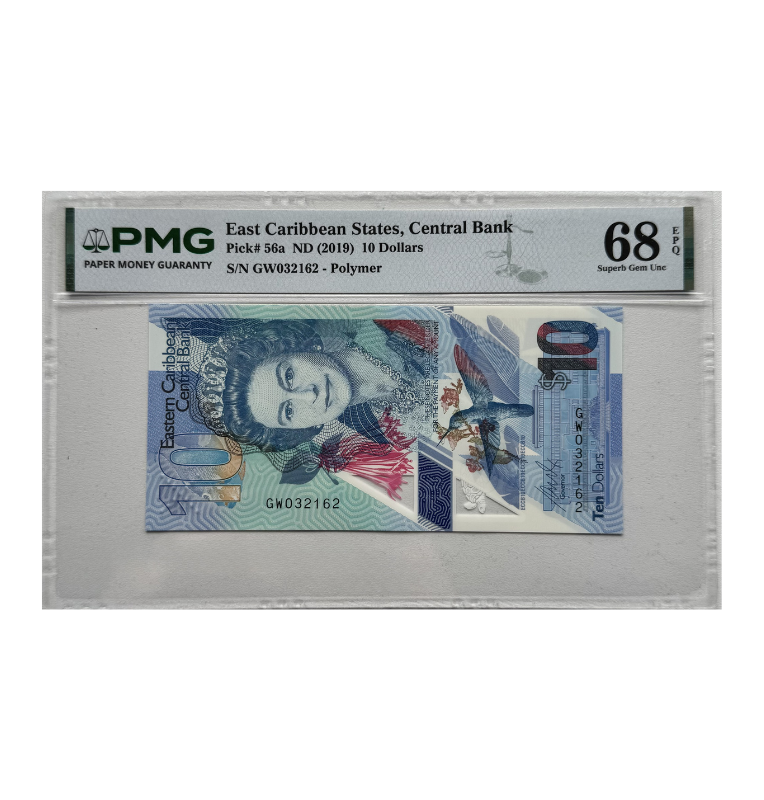 Estados Caribeños del Este, 10 Dólares, Reina Isabel II, Certificado PMG 68