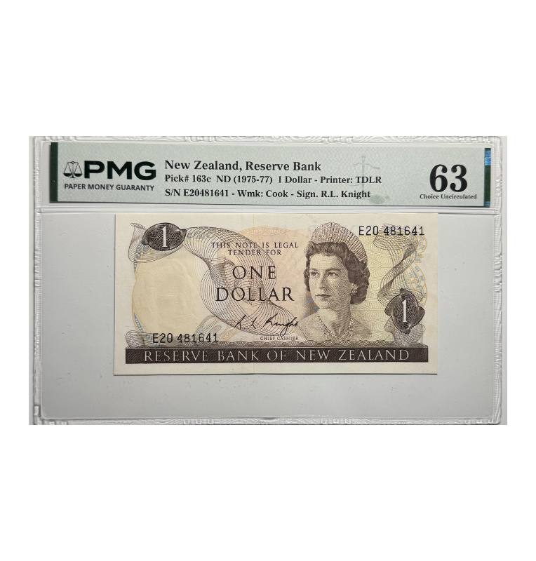 Nueva Zelanda, 1 Dollar, 1975, Reina Isabel II, Certificado PMG 63