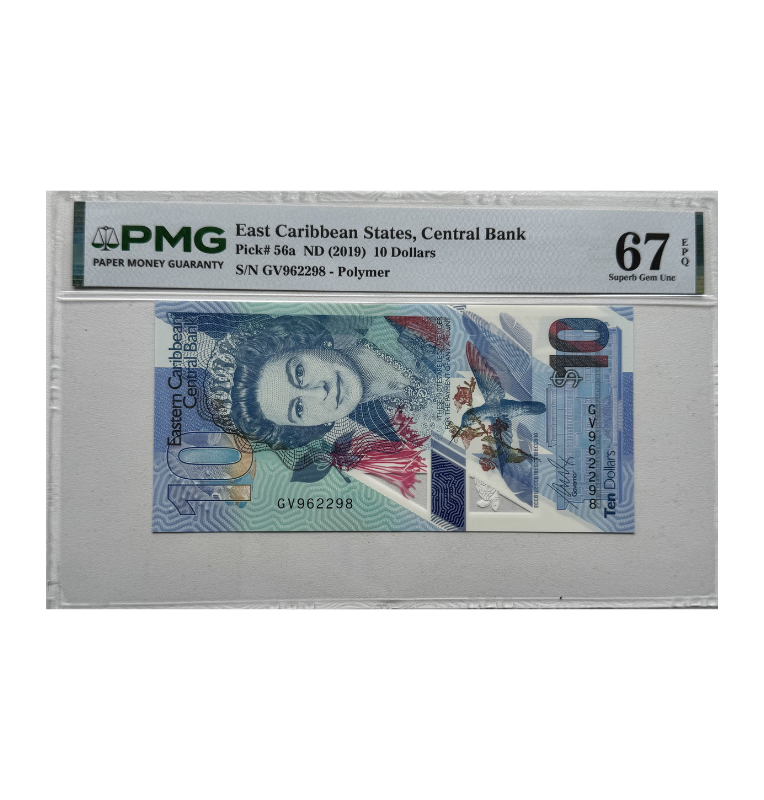 Estados del Caribe Occidental, 10 Dólares, Reina Isabel II, Certificado PMG 67