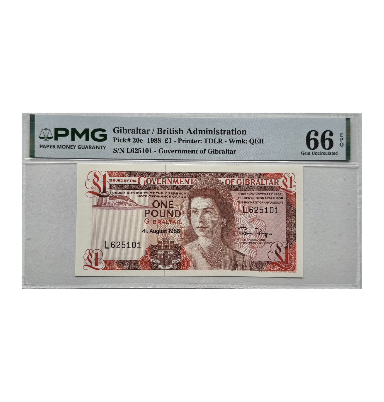 Gibraltar, 1 Pound Pick #20e, 1988 - Reina Isabel, Certificado PMG 66 EPQ