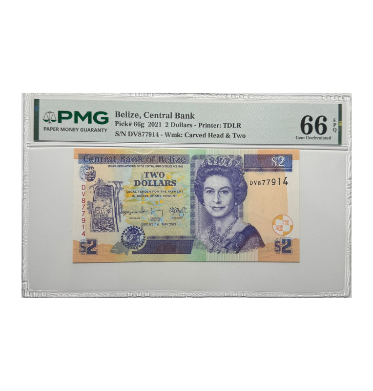 Belize, 2 dolares 2021 Reina Reina, certificado PMG 66