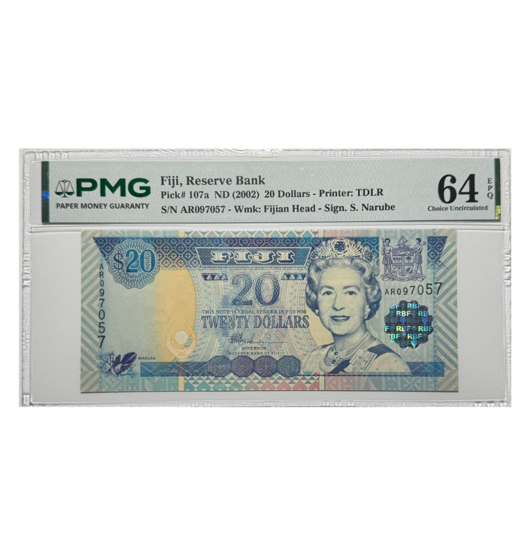 Fiji 20 Dollars 2002, Reina Isabel, Certificado PMG 64