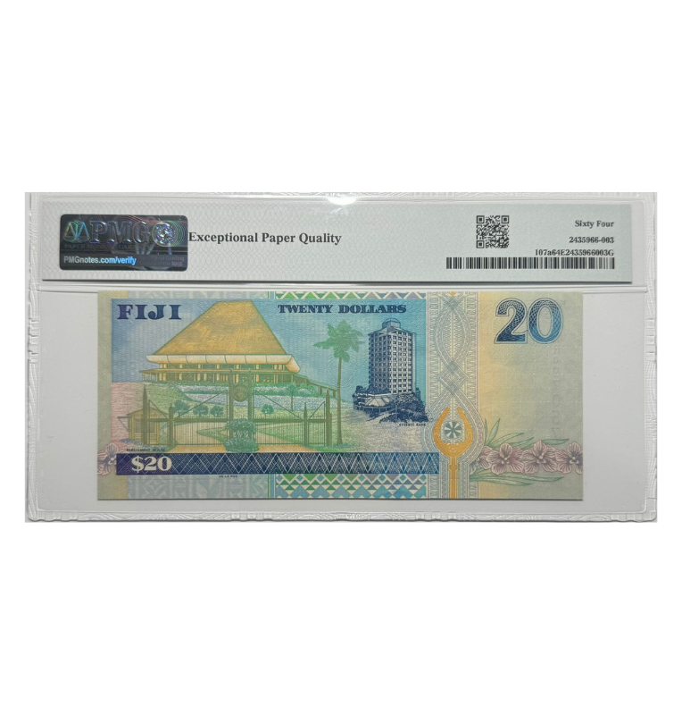 Fiji 20 Dollars 2002, Reina Isabel, Certificado PMG 64