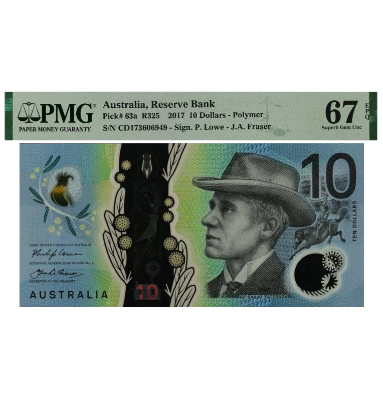 Australia 10 Dollars Pick #63A R325 2017 Certificado PMG 67