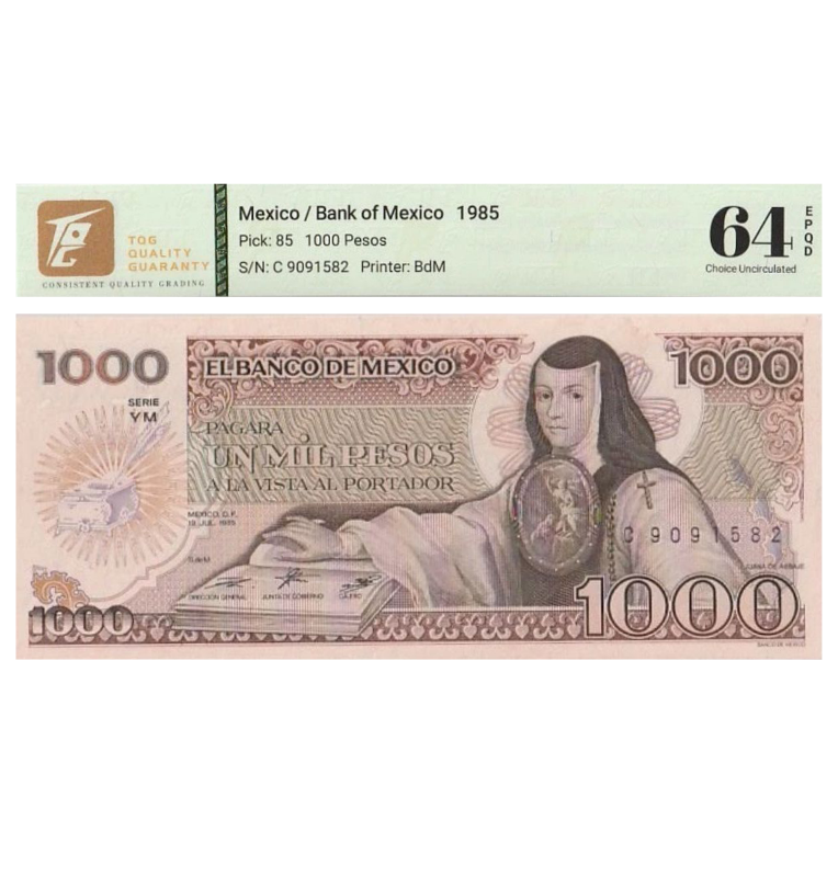 1000 Pesos de México Pick #85a.WY  1985 - Certificado TQG 64