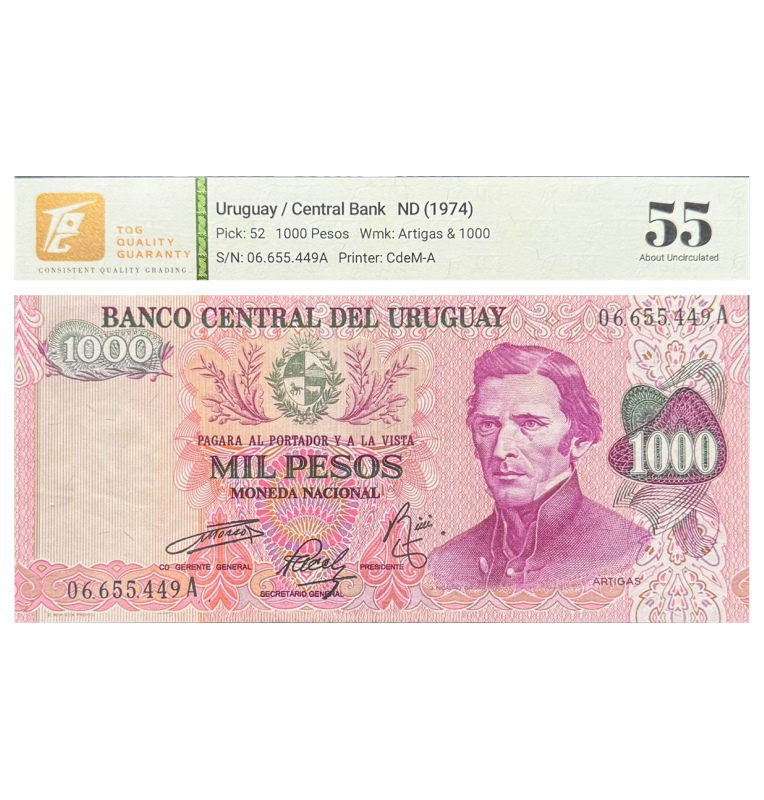1000 Pesos de Uruguay Pick #52  1974 - Certificado TQG 55