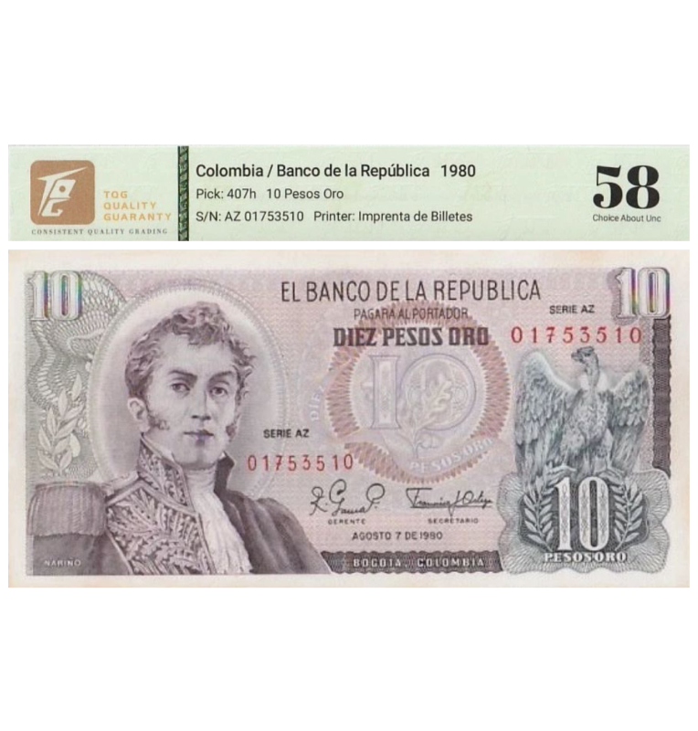 10 Pesos de Colombia Pick #407g.1r  1980 - CertificadoTQG 58