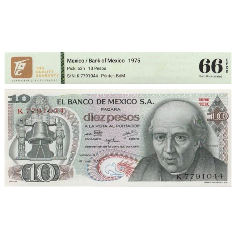 10 Pesos de México Pick #63h.6  1975 - Certificado TQG 66