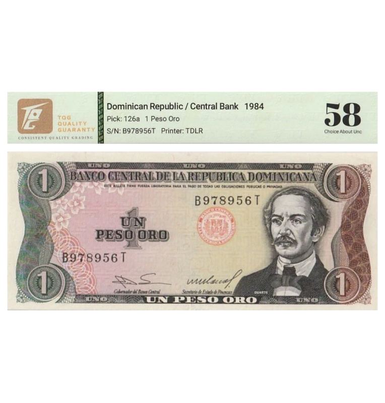 1 Peso de República Dominicana Pick #126a  1984 - Certificado TQG 58