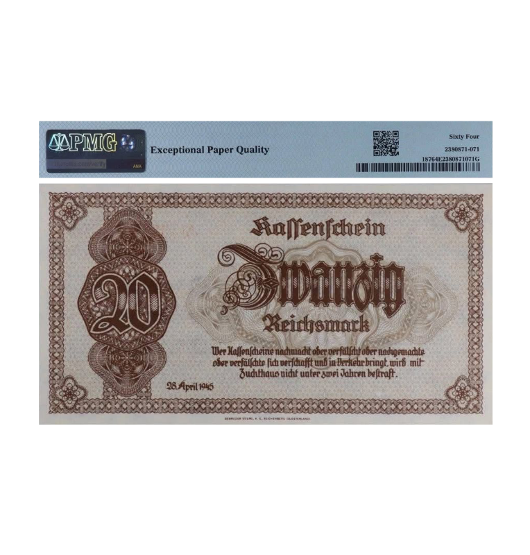 20 Reichsmark de Alemania Pick #187  1945 - Certificado PMG 64