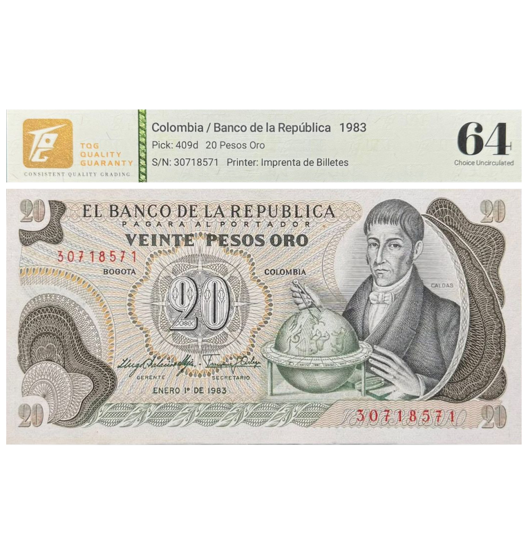 20 Pesos de Colombia Pick #409d 2  1983 - CertificadoTQG 64