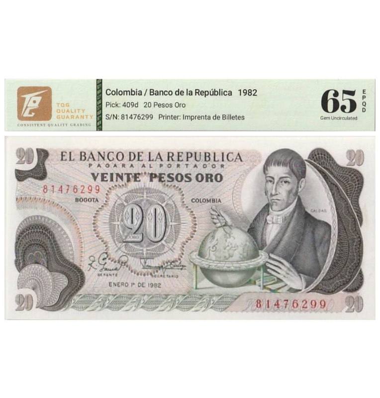 20 Pesos de Colombia Pick #409d  1981 - CertificadoTQG 65