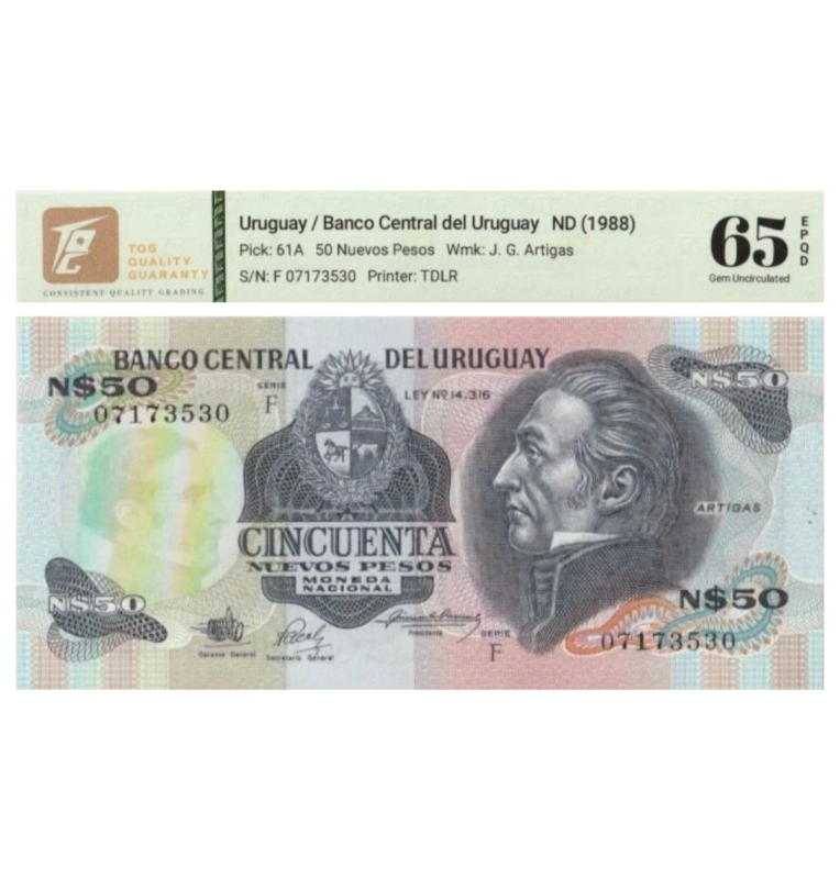 50 Nuevos Pesos de Uruguay Pick #61Ab  1989 - Certificado TQG 65