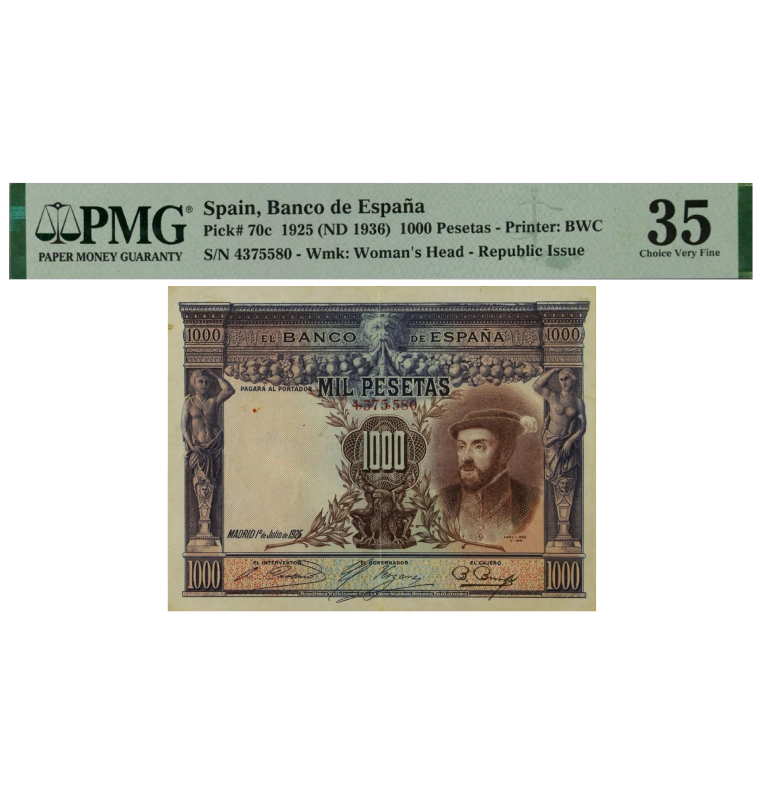 España 1000 Pesetas Pick #70C 1925 Certificado PMG 35
