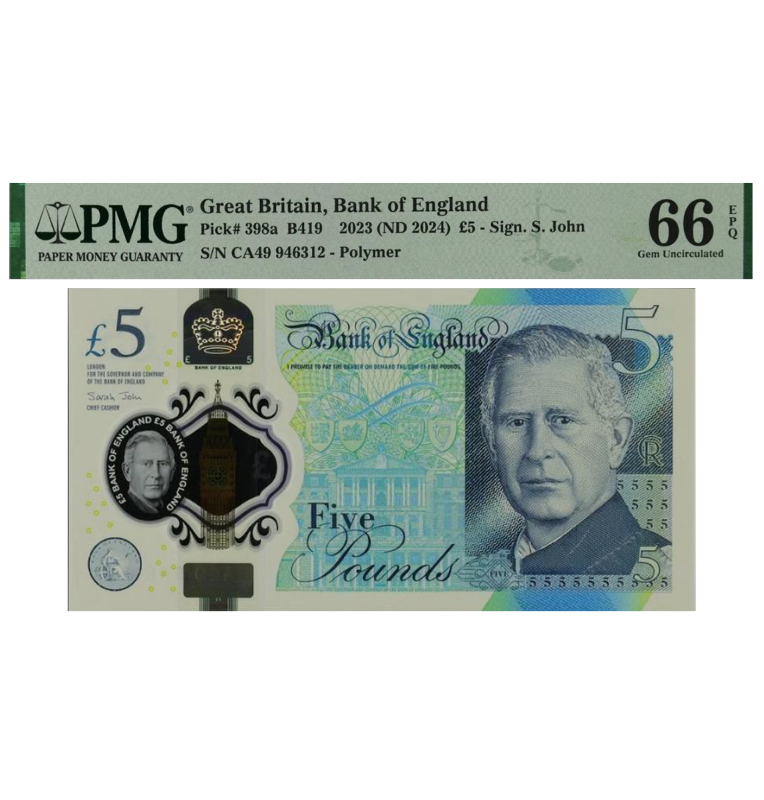 Gran Bretaña 5 Pounds Pick #398A B419 2023 Certificado PMG 66