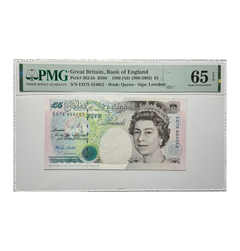 Gran Bretaña 5 Pounds, 1990, Certificado PMG 65