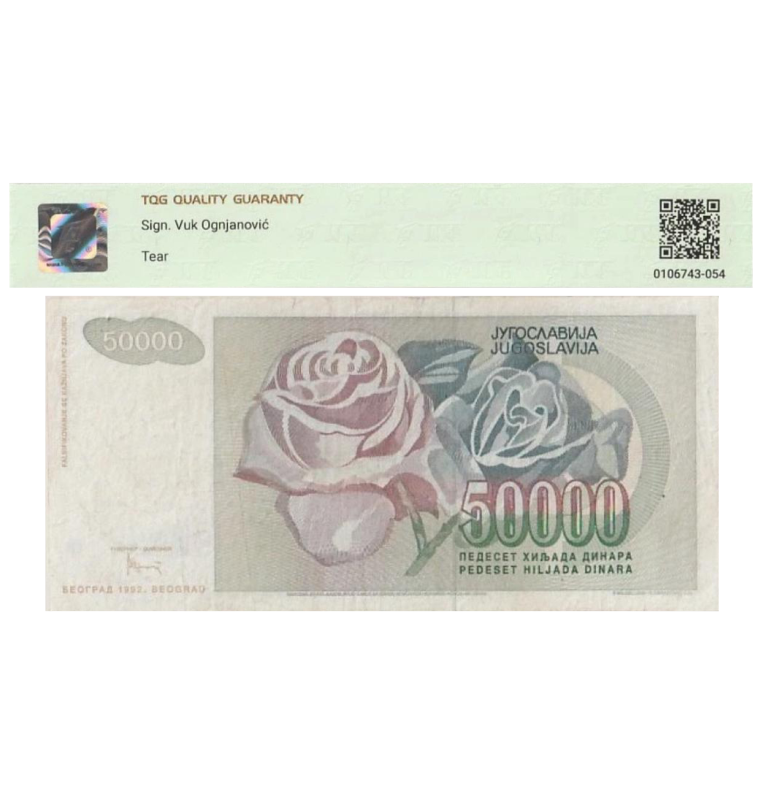 Yugoslavia 50000 Dinara Pick #117 1992 Certificado TQG 35