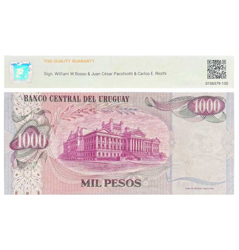 1000 Pesos de Uruguay Pick #52  1974 - Certificado TQG 55