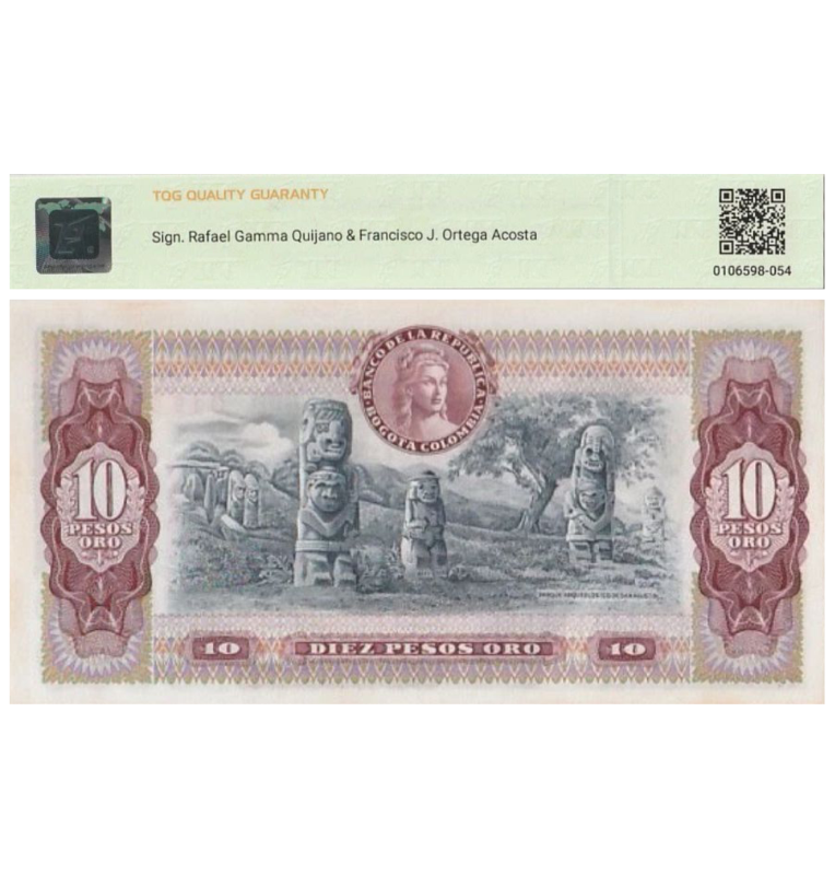 10 Pesos de Colombia Pick #407g.1r  1980 - CertificadoTQG 58