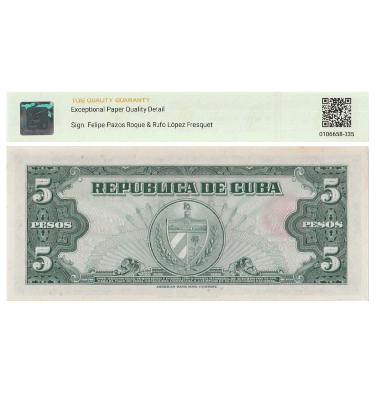 5 Pesos de Cuba Pick #92a  1960 - Certificado TQG 64