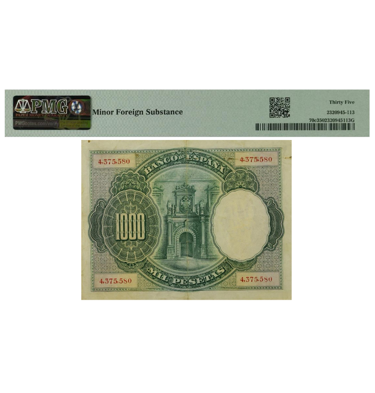España 1000 Pesetas Pick #70C 1925 Certificado PMG 35