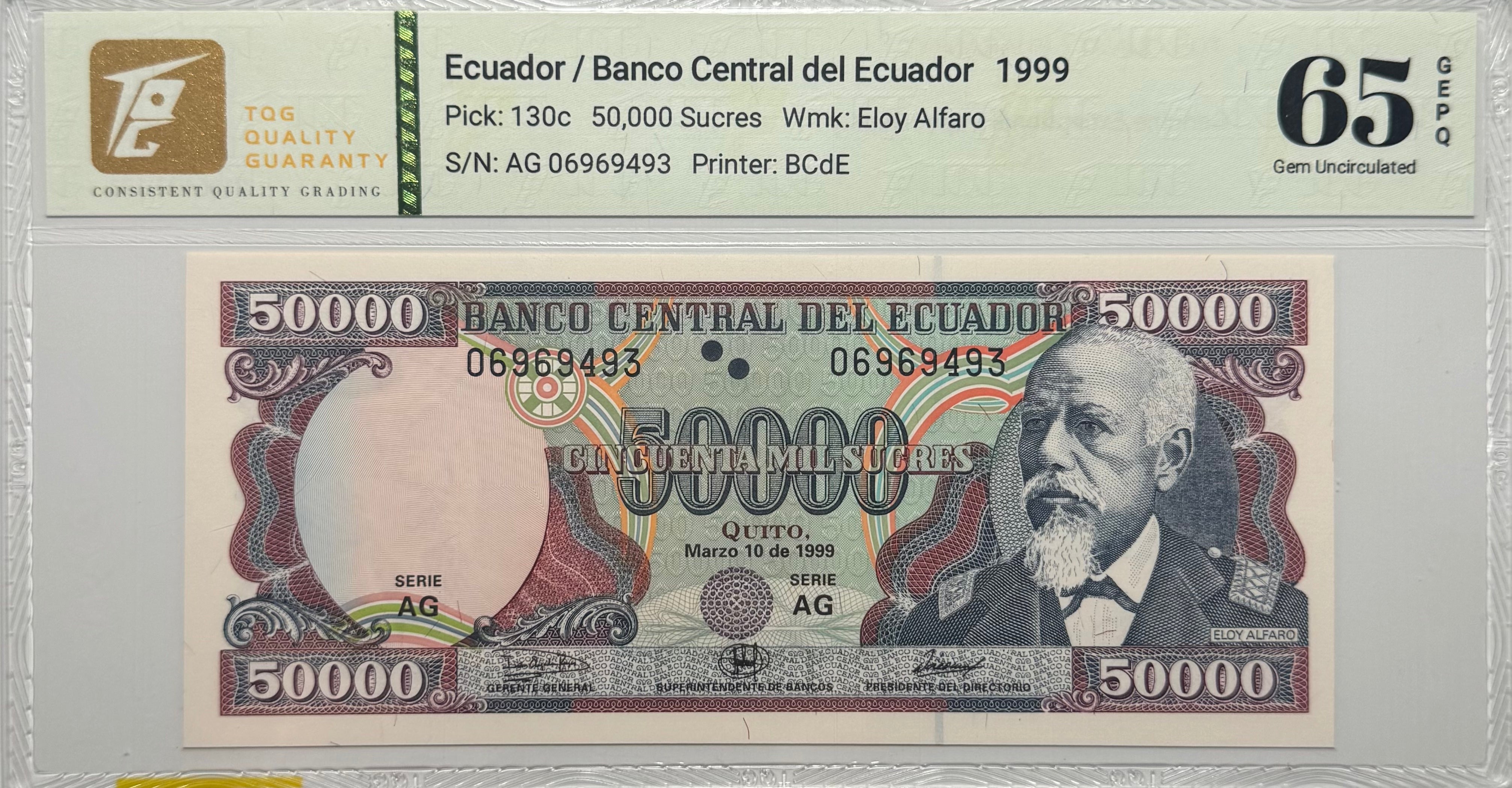 Ecuador, 50.000 Sucres, 1999 - Certificado TQG 65 EPQ