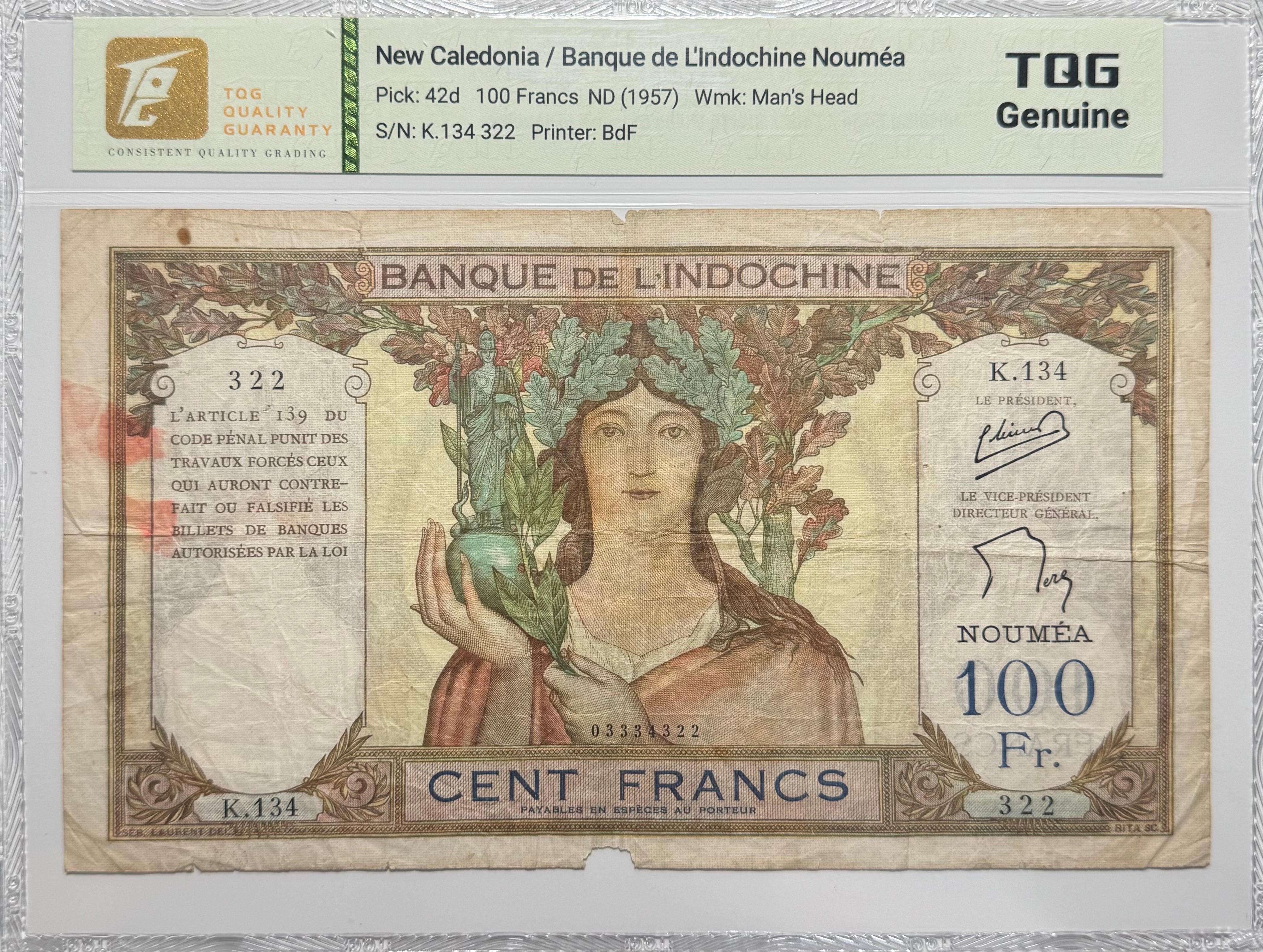 Nueva Caledonia, Indochina, 100 Francos, 1957 - Certificado TQG Genuino