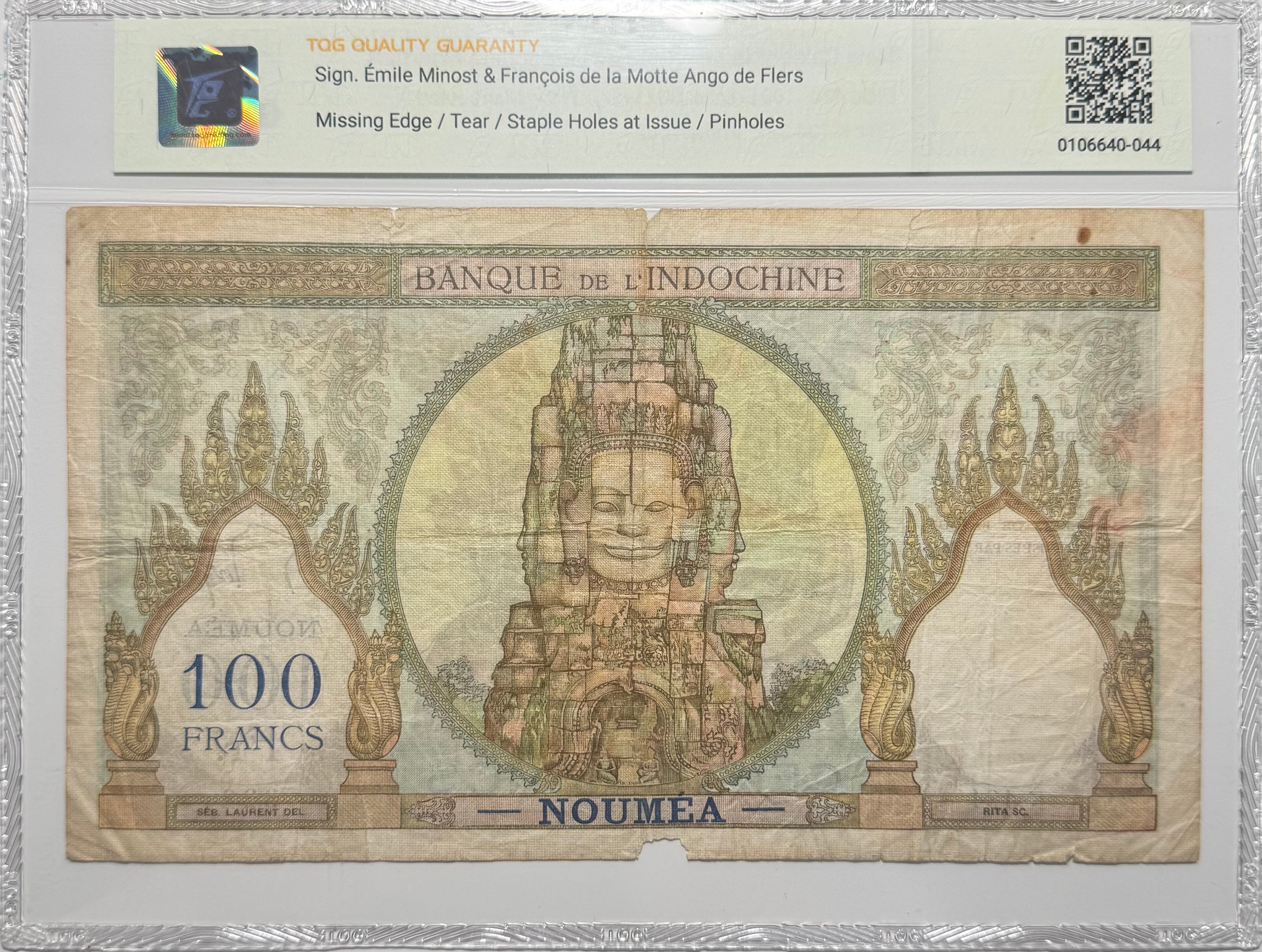 Nueva Caledonia, Indochina, 100 Francos, 1957 - Certificado TQG Genuino