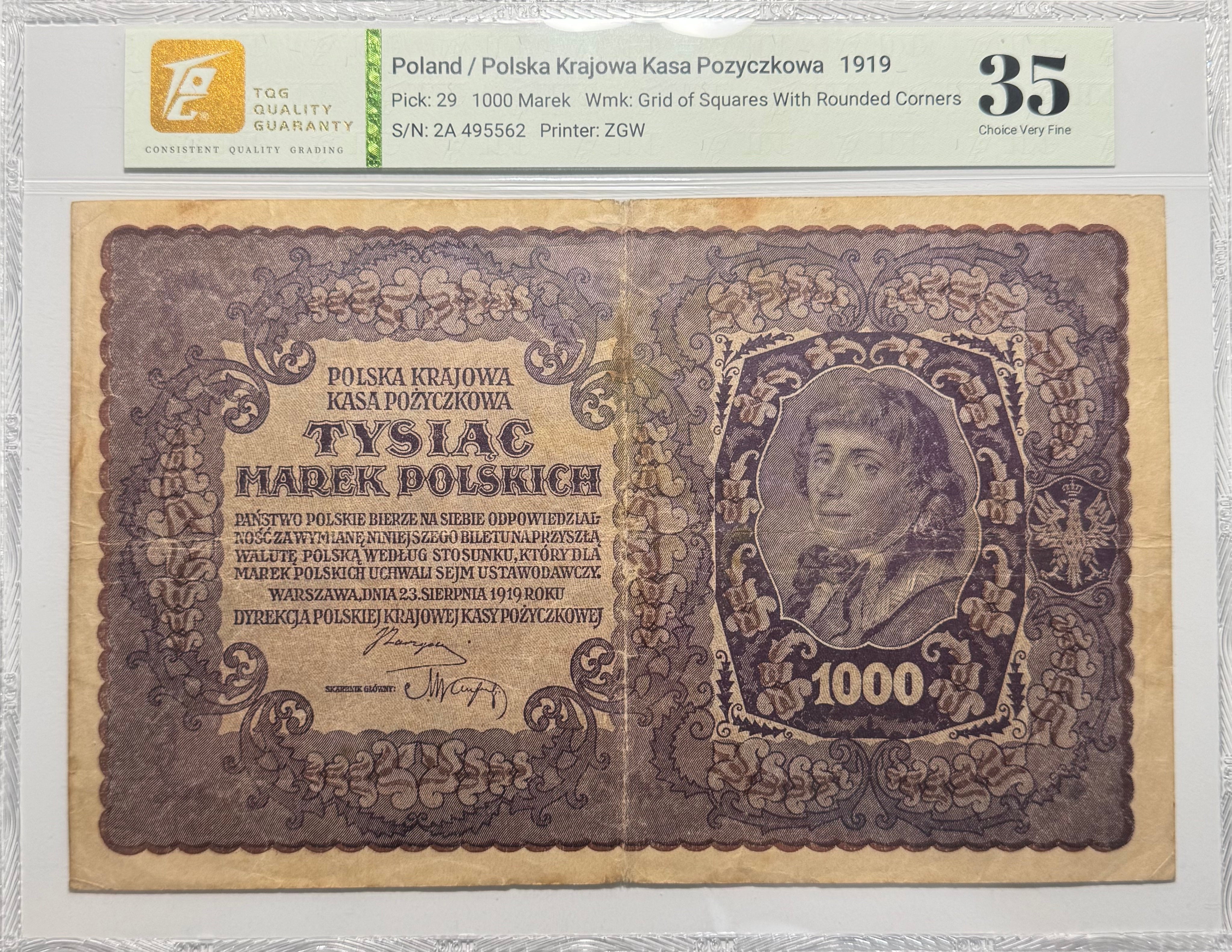 Polonia, 1000 Marek,  1919 - Certificado TQG 35