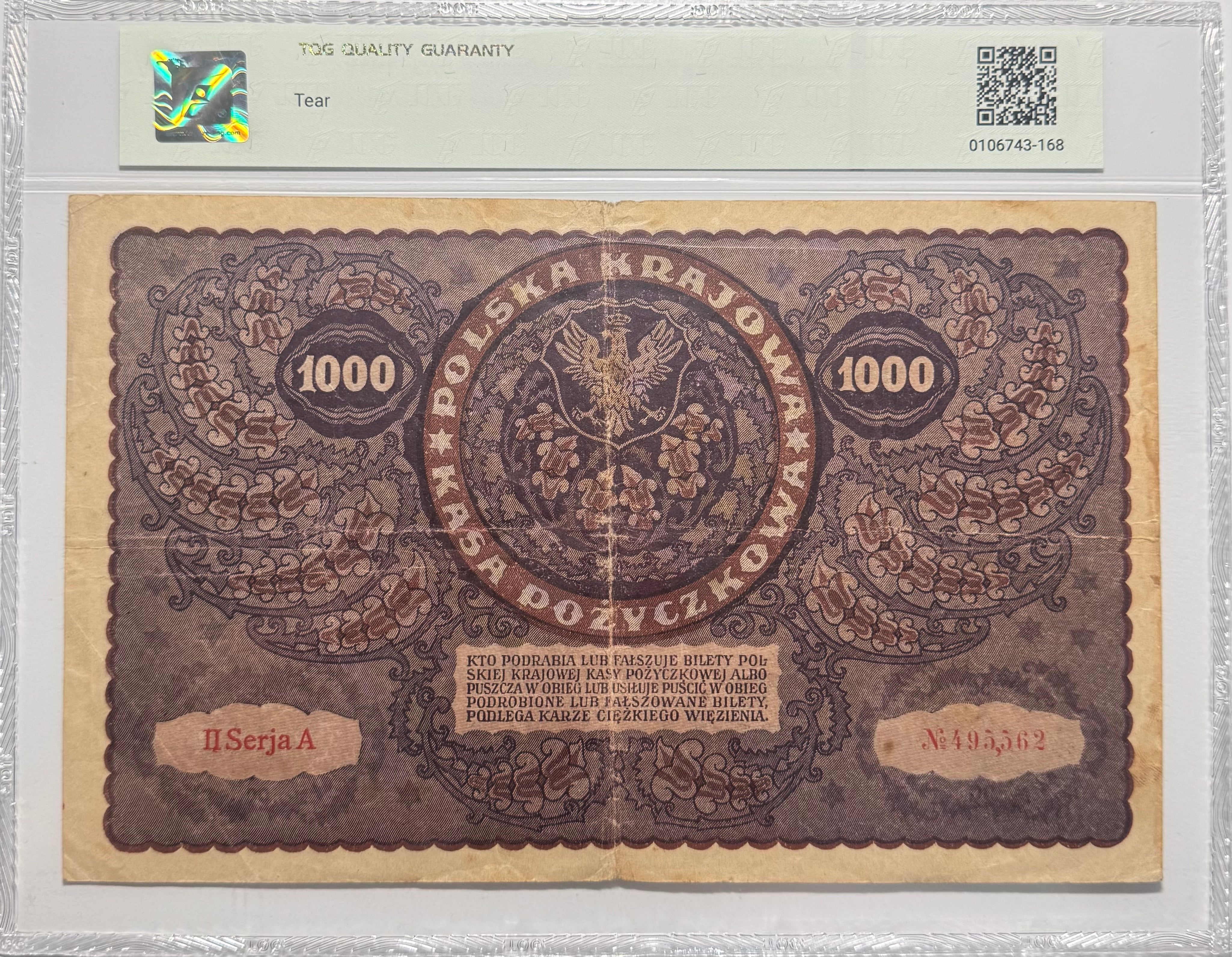 Polonia, 1000 Marek,  1919 - Certificado TQG 35