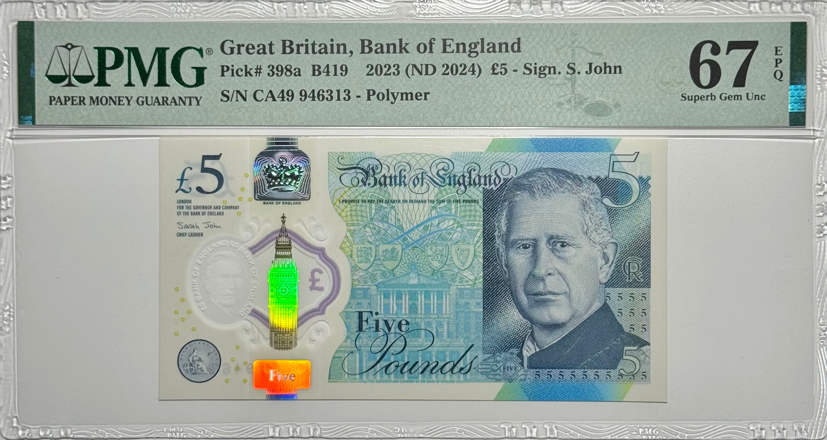 Gran Bretaña, Inglaterra, 5 libras esterlinas, 2024 certificado PMG 67